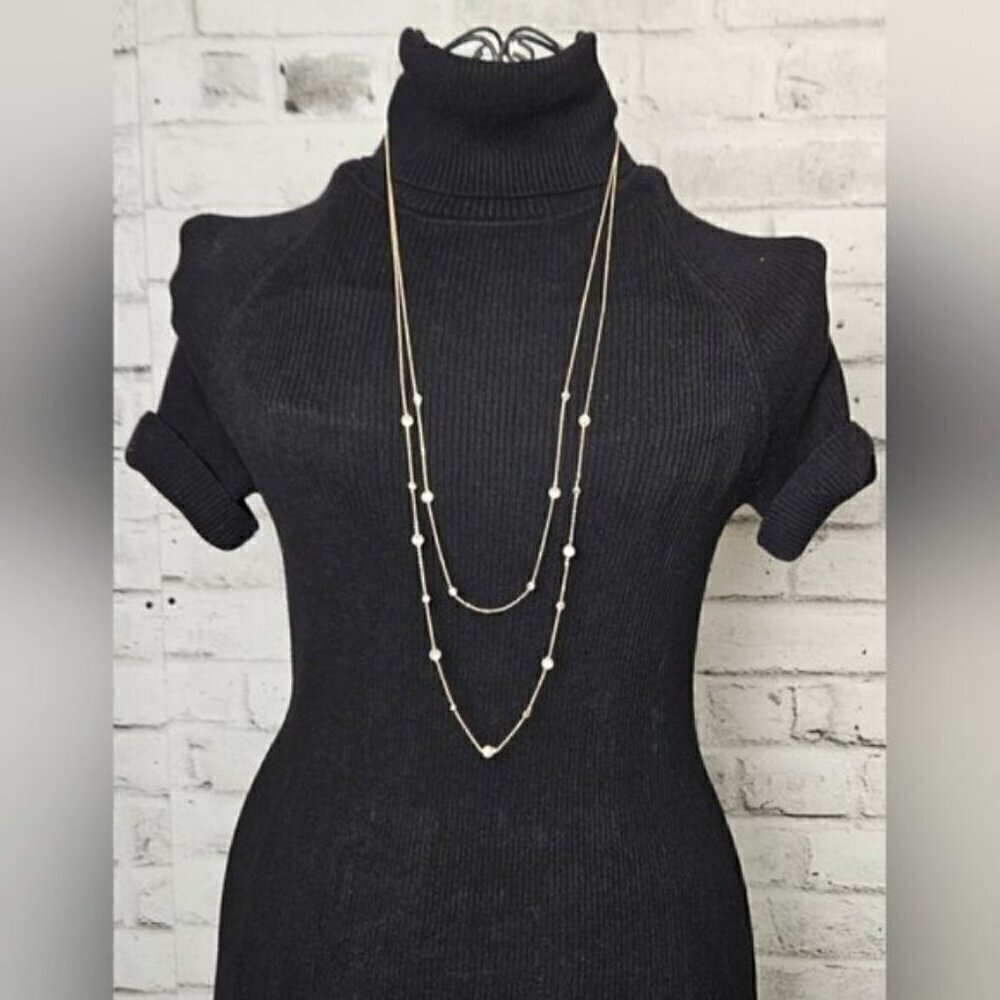 Gold Tone Double Layer Necklace w/ Pearls & Crystal Stations